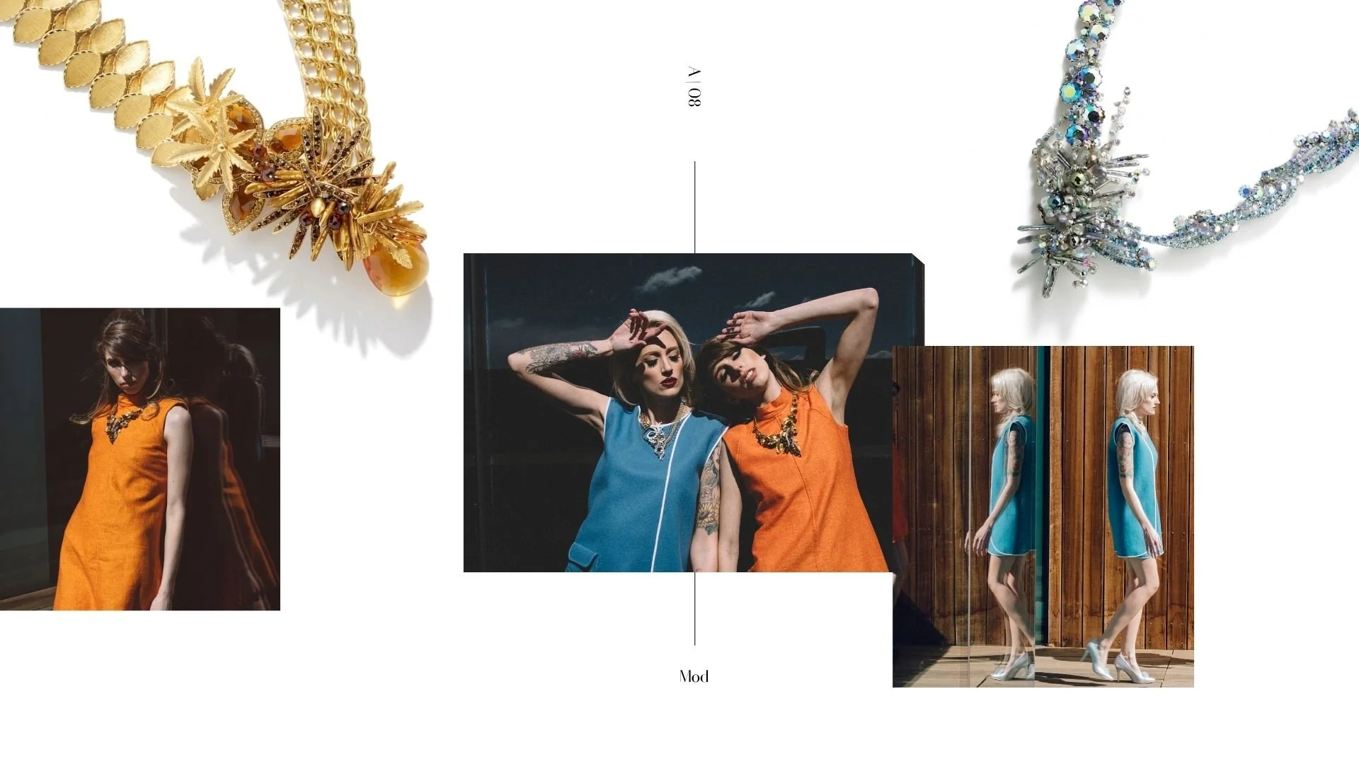 Mod collage featuring bold gold and crystal statement necklaces with portraits of models in bright orange and blue dresses.