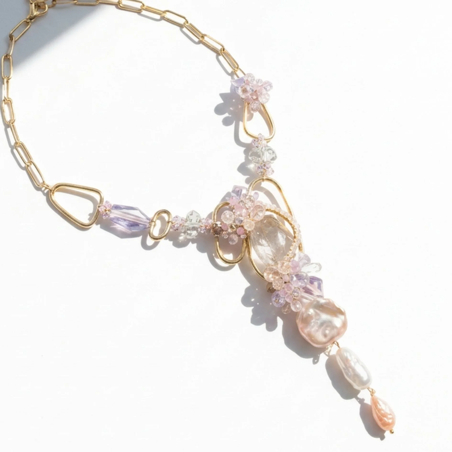 Gold statement necklace with kunzite, pastel crystal clusters, sculptural links, and cascading baroque pearls on a white background.