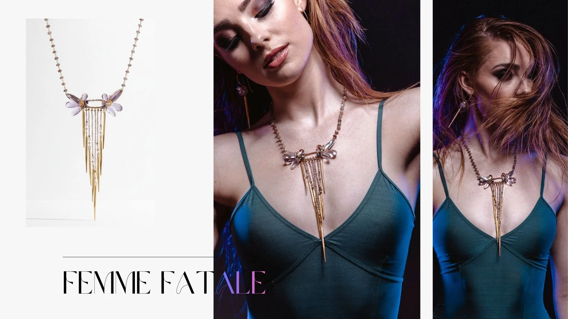 Lookbook spread featuring a product photo of a dramatic gold fringe necklace with blush gemstone accents, alongside two moody portraits of a woman wearing the same statement necklace with matching long drop earrings.