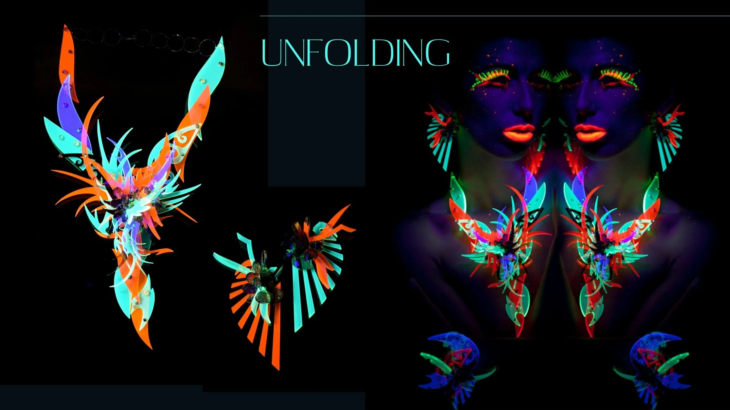 Neon fashion spread showing a mirrored model in UV makeup wearing fluorescent orange, teal, and purple sculptural jewelry.