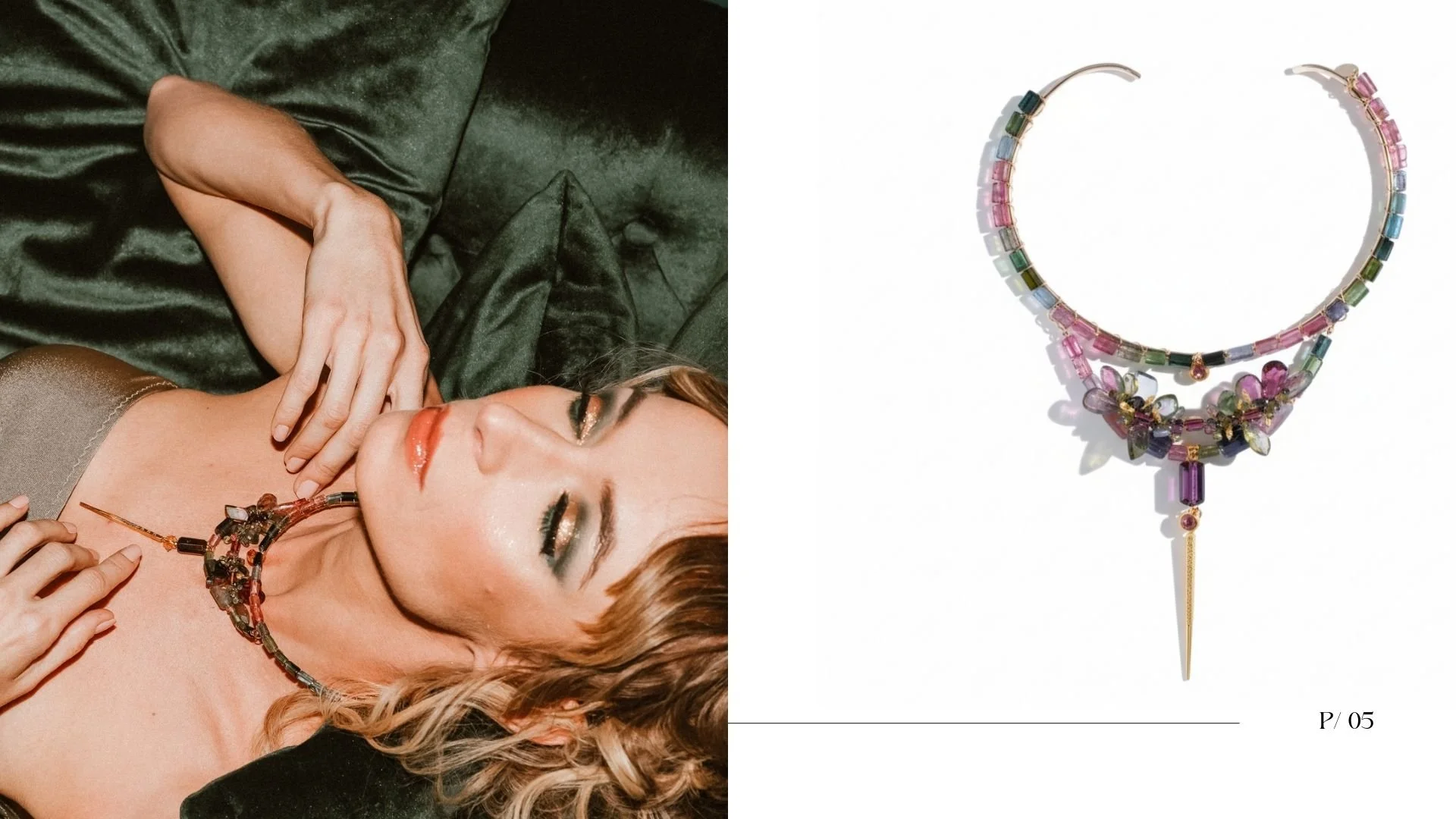 Orenda lookbook page featuring a model reclining on green satin wearing a multicolor tourmaline collar necklace, paired with a studio product photo of the same gemstone choker on a white background (P/05).
