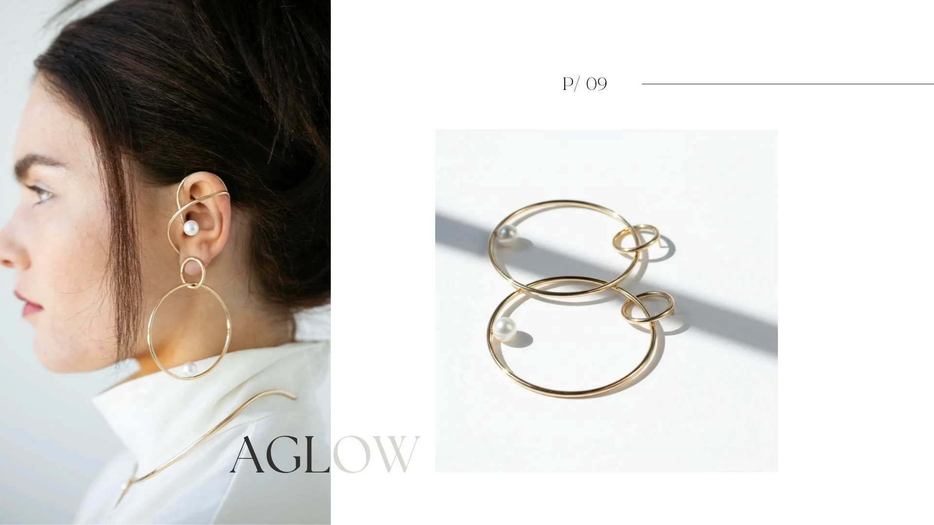Aglow lookbook page showing a model in profile wearing oversized 14k gold hoop earrings with a pearl ear cuff, alongside a product shot of two sculptural gold-and-pearl hoop earrings on a white background.