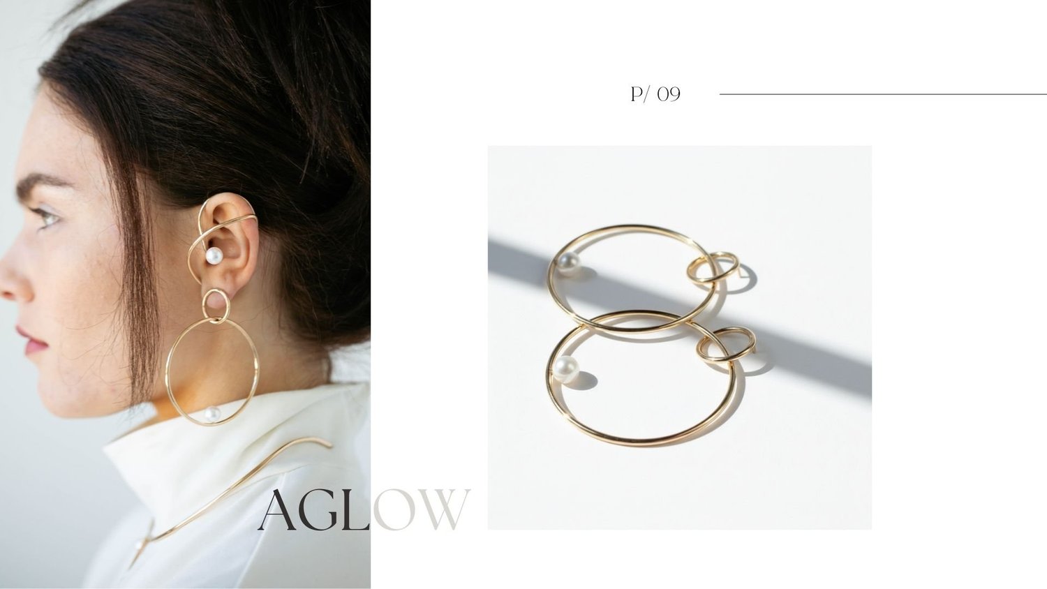 Aglow lookbook page showing a model in profile wearing oversized 14k gold hoop earrings with a pearl ear cuff, alongside a product shot of two sculptural gold-and-pearl hoop earrings on a white background.