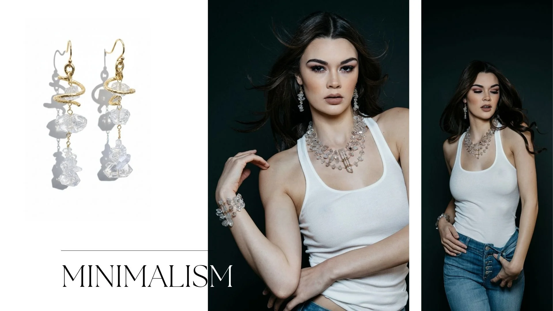 Model wearing Herkimer diamond jewelry, including a Herkimer diamond necklace and bracelet, with product photo of gold twist Herkimer diamond drop earrings.