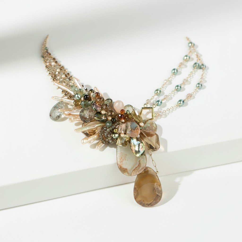Statement necklace with layered neutral gemstones, pearls, and gold chains arranged in an asymmetrical design on a soft white background.