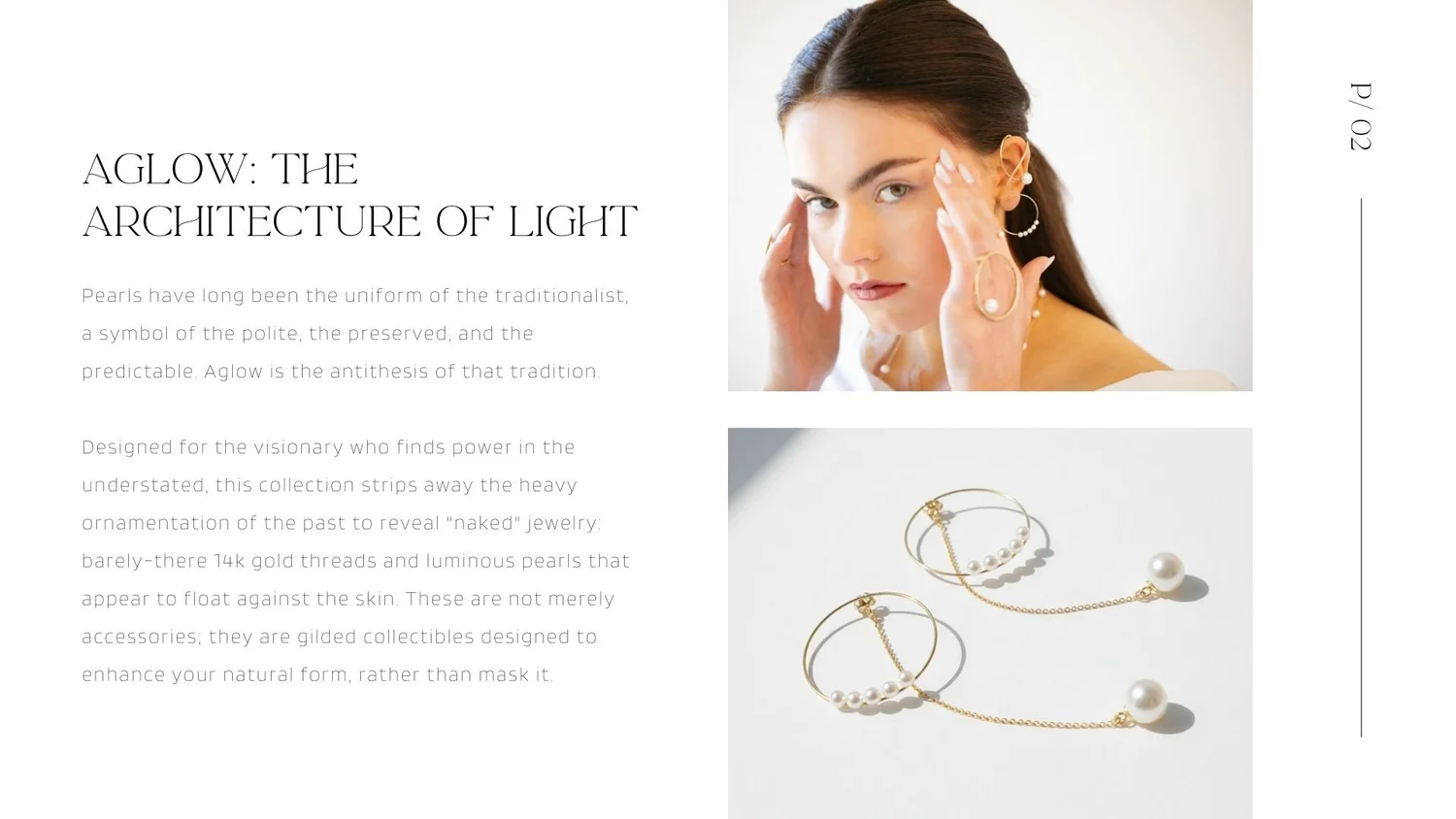 Aglow lookbook intro spread titled ‘Aglow: The Architecture of Light,’ with a close-up portrait of a model wearing delicate pearl ear jewelry and a product shot of minimalist gold hoop-and-chain pearl earrings on a bright white background.