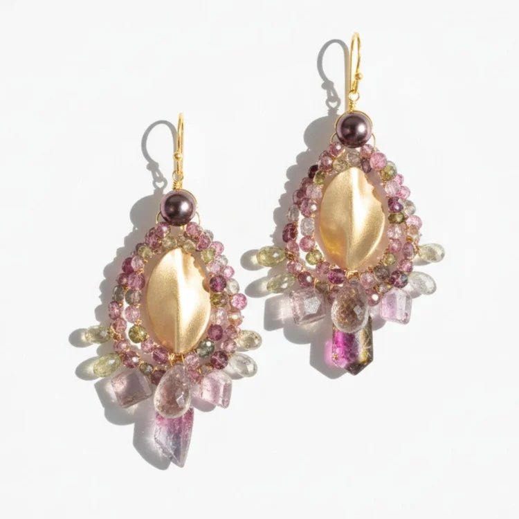 Gold drop earrings with a gold center framed by pink and green gemstone beads