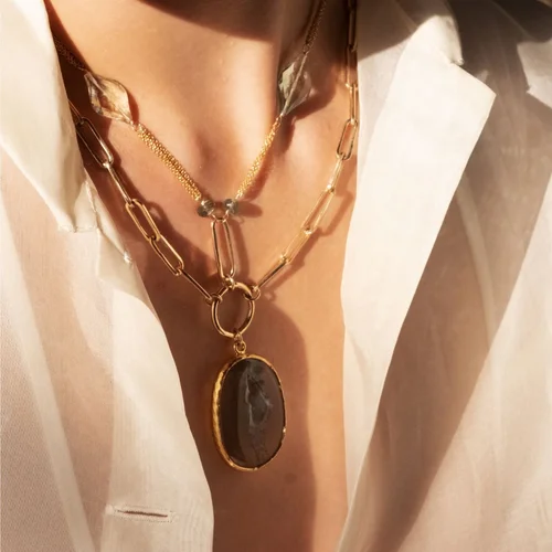 A model wearing an Andrea Li matinee-length necklace above the bust