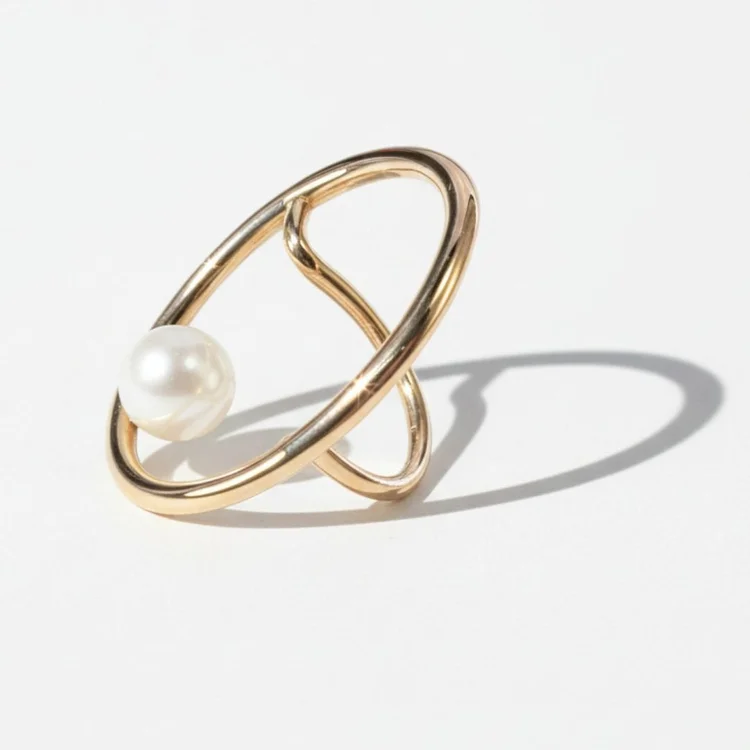 Small Gold Open Circle Single Pearl Illusion Ring, by Andrea Li