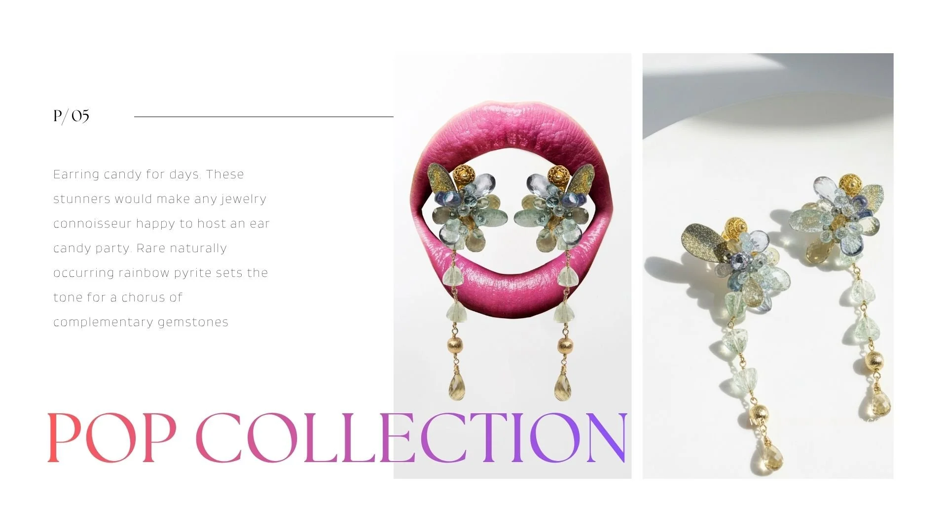 Pop Collection spread with pastel floral gemstone earrings, shown against pink lips and in a product close-up on white.