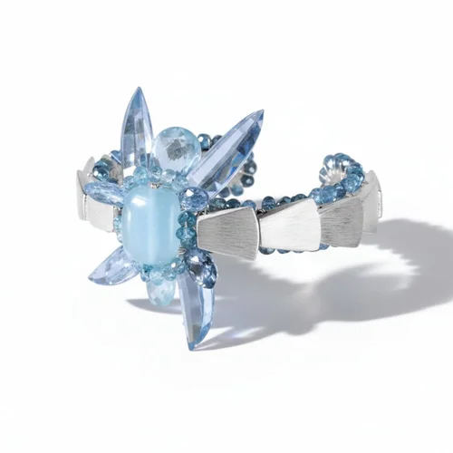 Brushed Silver Scales And Aquamarine Starburst Statement Cuff, by Andrea Li