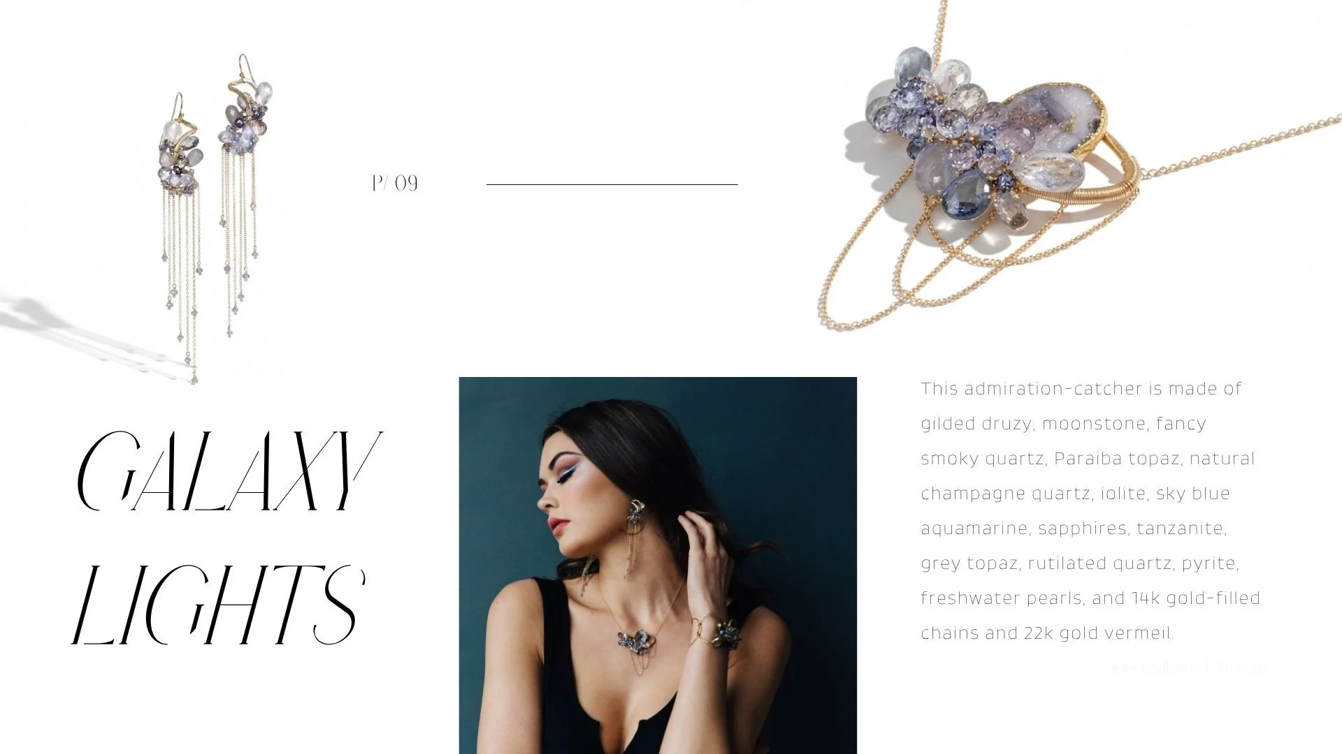 Lookbook page titled “Galaxy Lights,” featuring product photos of long gemstone fringe earrings and a clustered statement necklace alongside a moody portrait of a model wearing the coordinating blue-and-silver jewelry set.