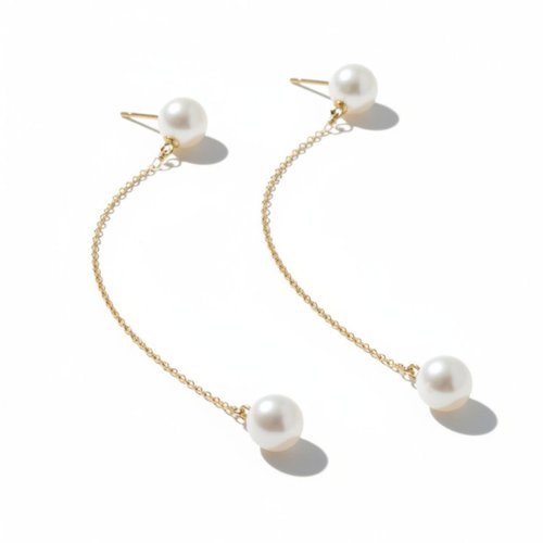 14K Two Pearl Post Earring with Chain Drop, by Andrea Li