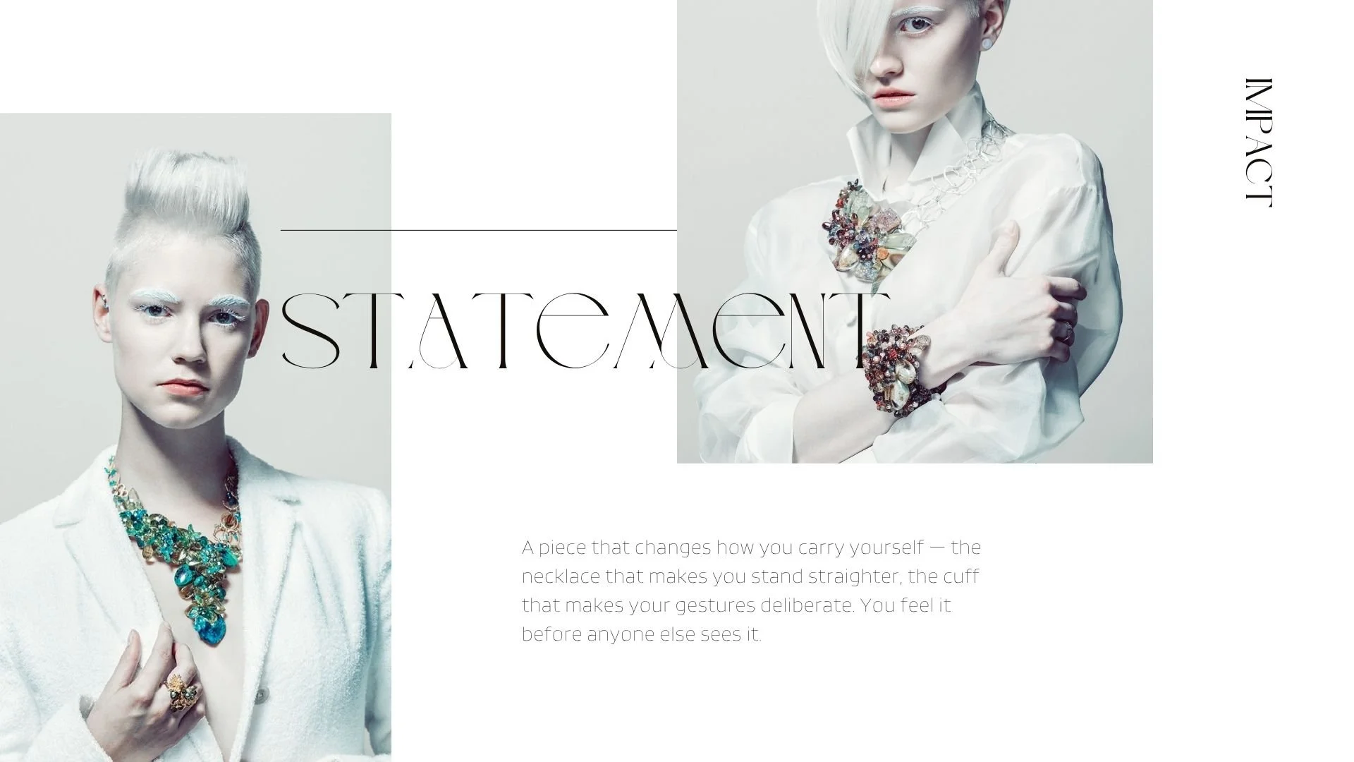 Editorial-style lookbook page with the word “STATEMENT,” featuring two portraits of a platinum-haired model wearing bold gemstone statement jewelry, including a large turquoise necklace, oversized floral cuff, and embellished collar piece.