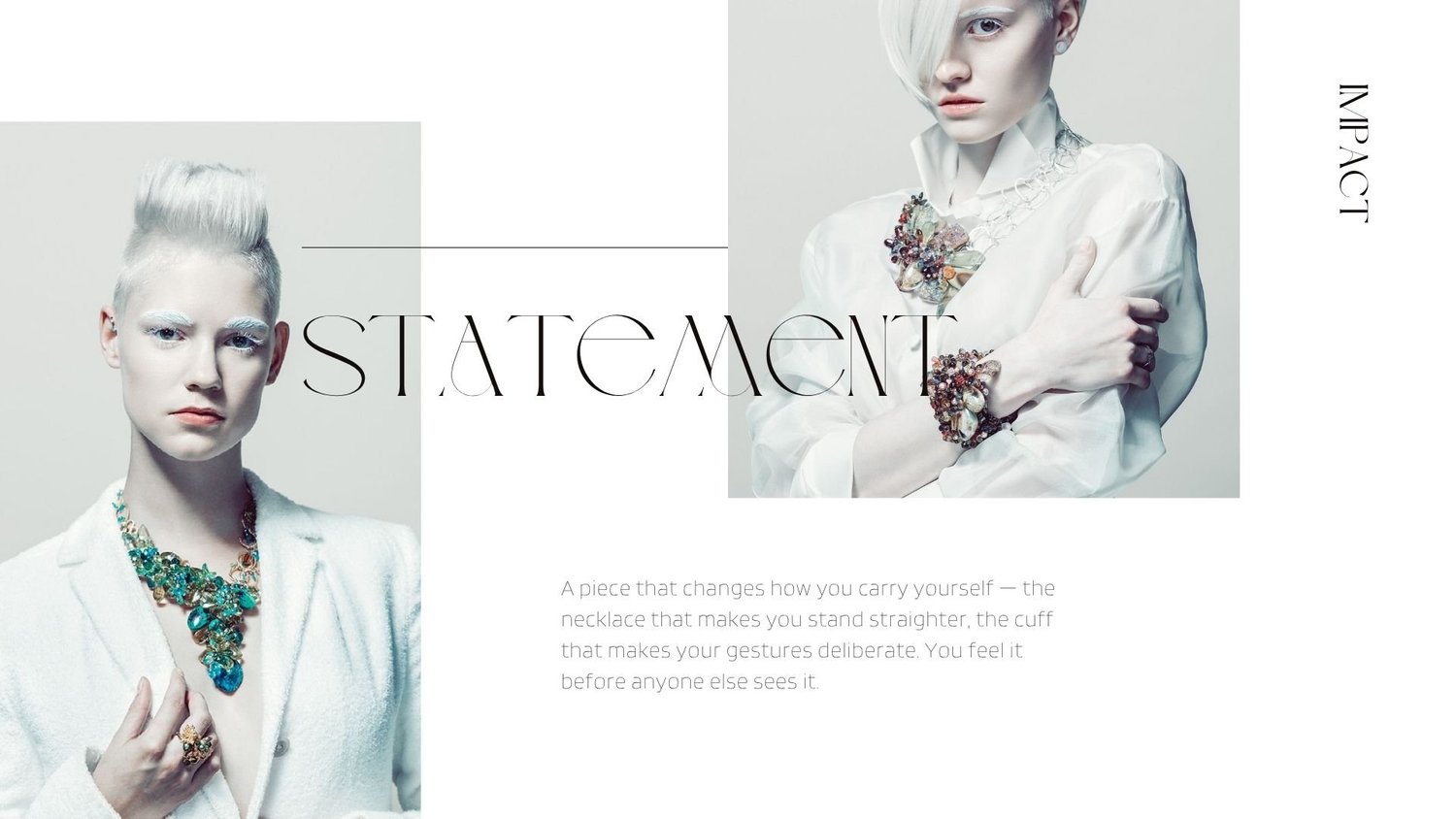 Editorial-style lookbook page with the word "STATEMENT," featuring two portraits of a platinum-haired model wearing bold gemstone statement jewelry, including a large turquoise necklace, oversized floral cuff, and embellished collar piece.