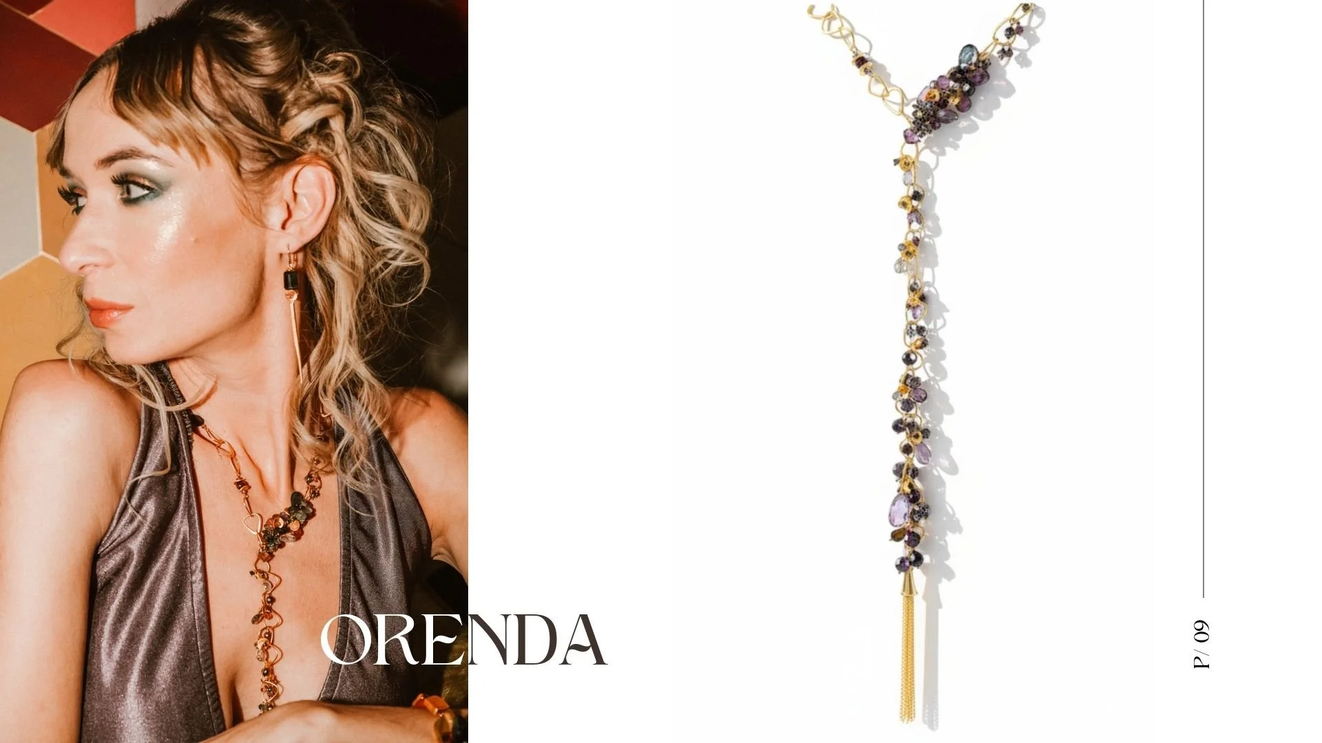Orenda lookbook page showing a model wearing a long, wire-wrapped tourmaline necklace and a studio product shot of the same asymmetrical gold link necklace with tourmaline clusters and a gold tassel drop.