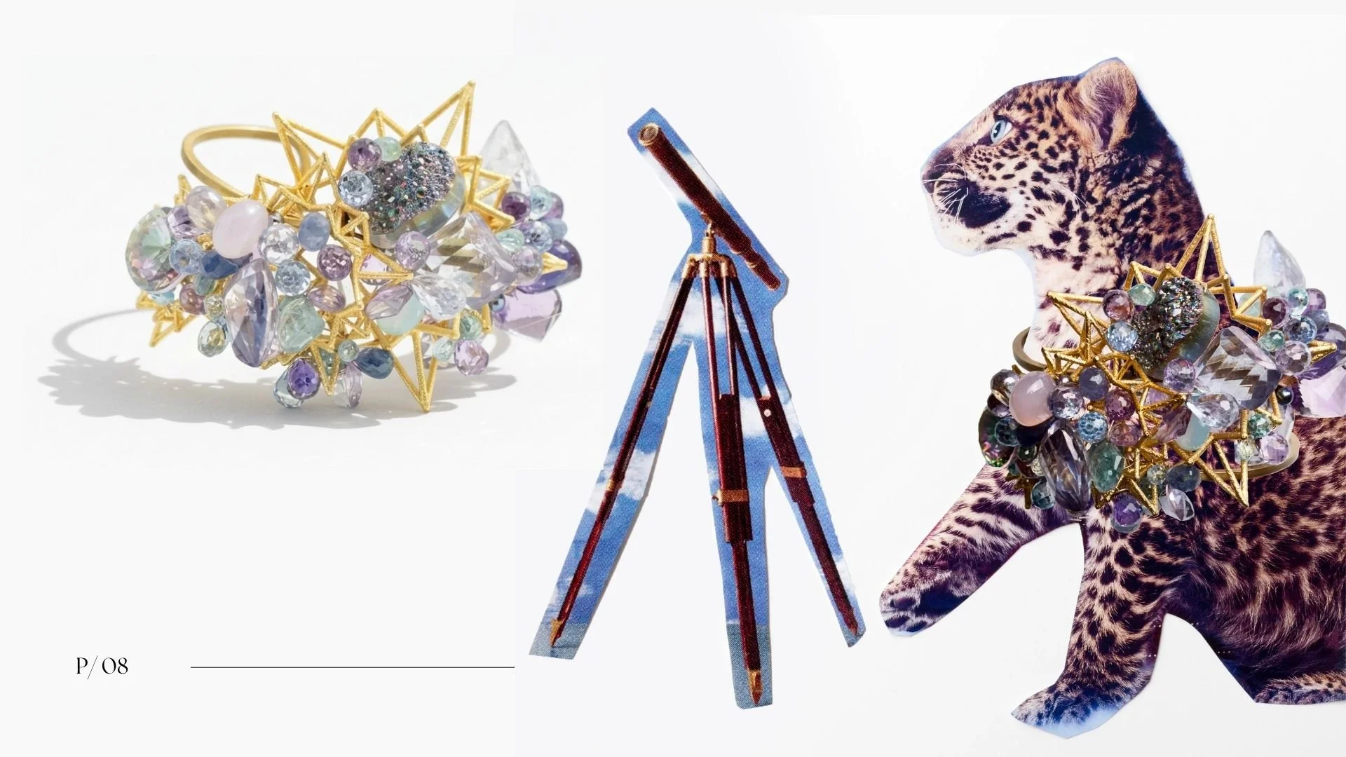 Editorial spread featuring a pastel gemstone cuff bracelet in product view and styled on a leopard collage cutout.