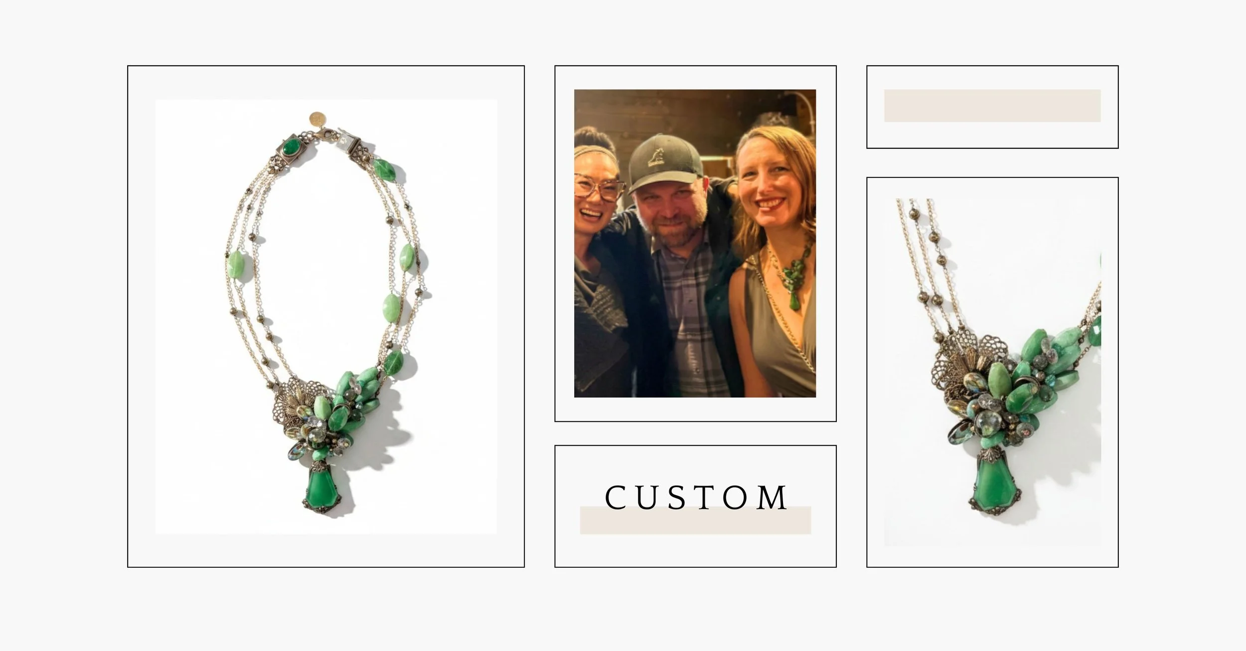 Minimalist collage featuring a green gemstone statement necklace shown from multiple angles, with the word “Custom” on gray.