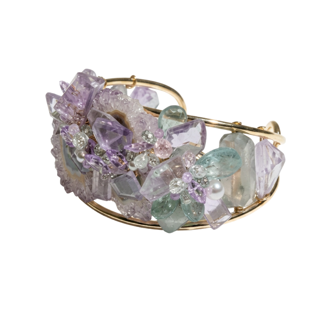 Ember Amethyst Stalactite Cuff Bracelet by Andrea Li, a gold cuff carrying amethyst stalactite and a cluster of lilac and pale aqua gemstones