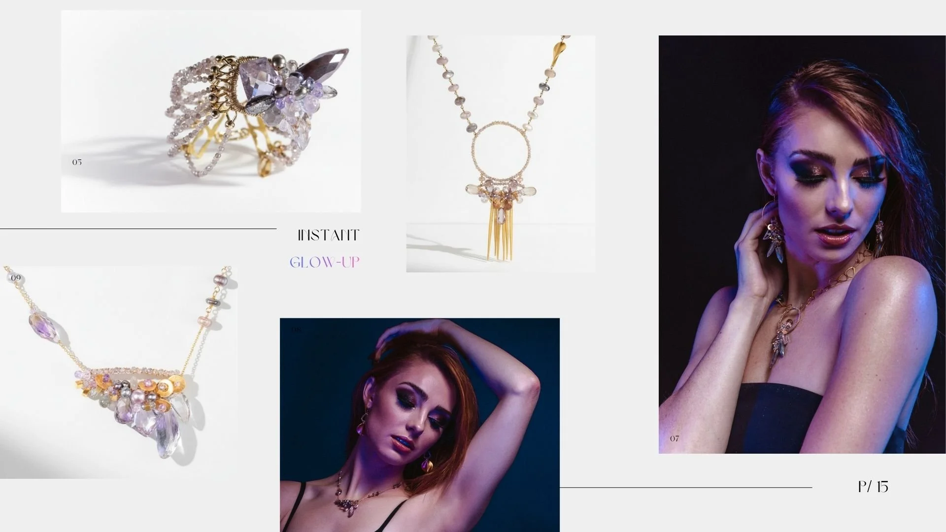 Lookbook collage featuring product photos of a gemstone ring, statement necklace, and jeweled bib necklace alongside moody portraits of a woman wearing coordinating crystal jewelry in blue and purple lighting.