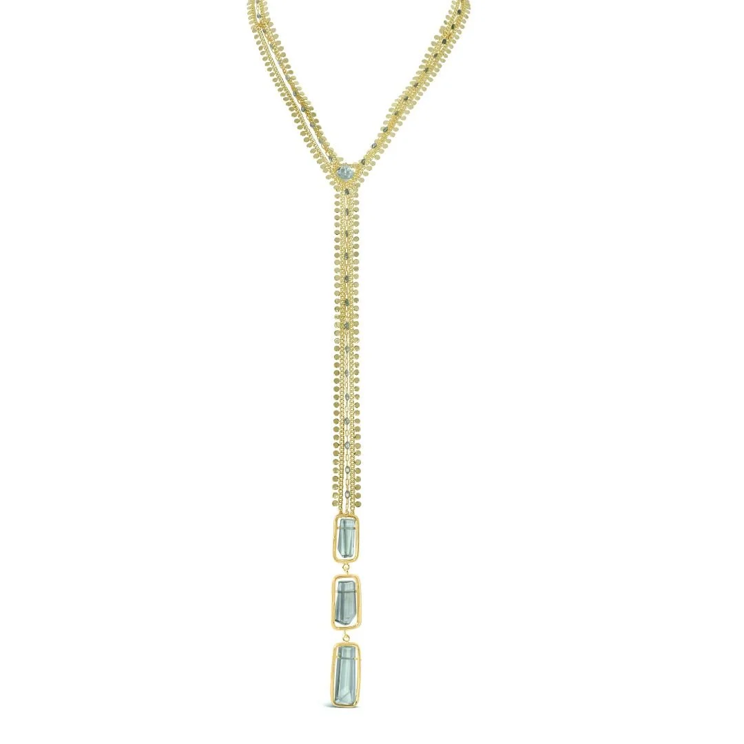 Gold Long Green Gemstone Y Drop Necklace