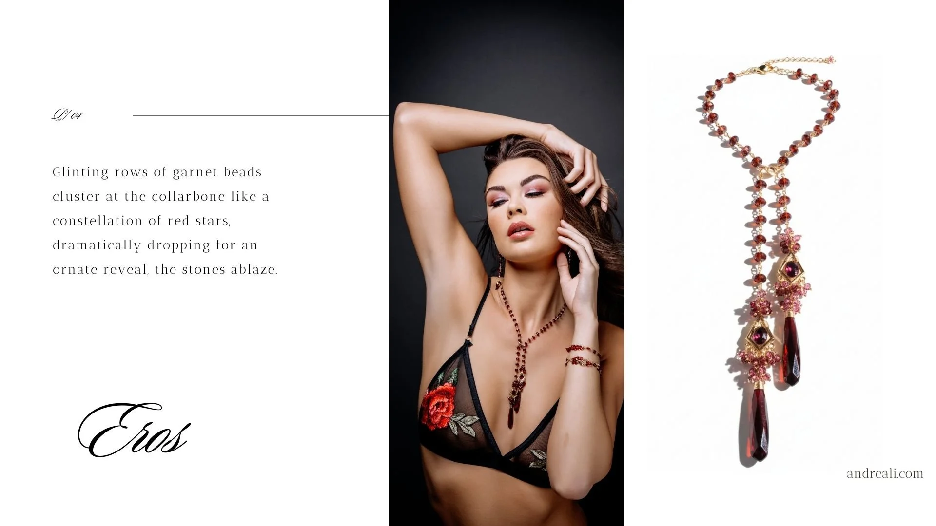 Eros garnet lookbook page featuring a model wearing a cascading garnet lariat necklace and bracelet, alongside a product shot of the garnet bead lariat with ornate gold-and-garnet drops and red teardrop pendants.