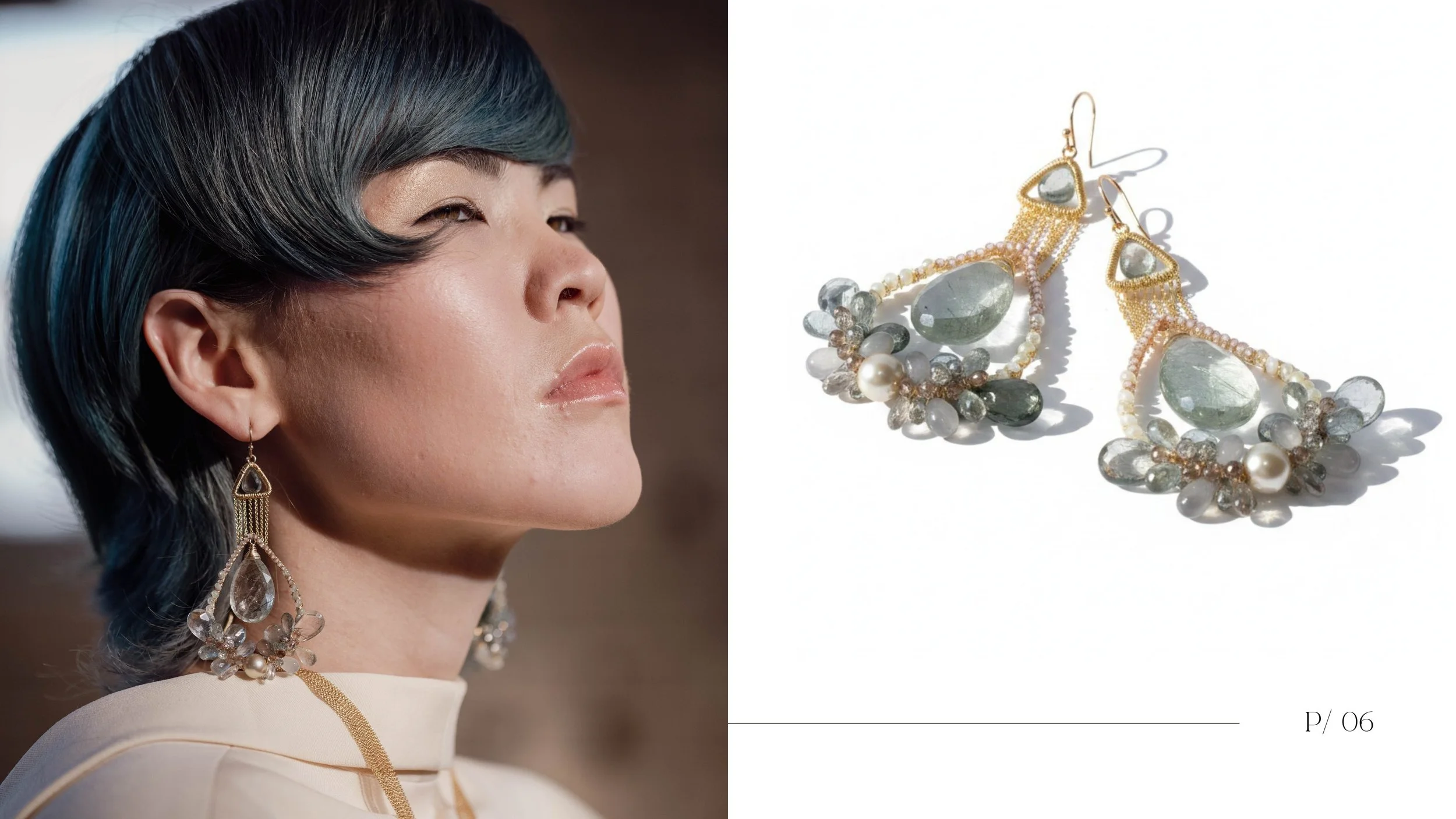 Editorial spread featuring a model in statement earrings beside matching product photography on a clean, minimalist lookbook layout.