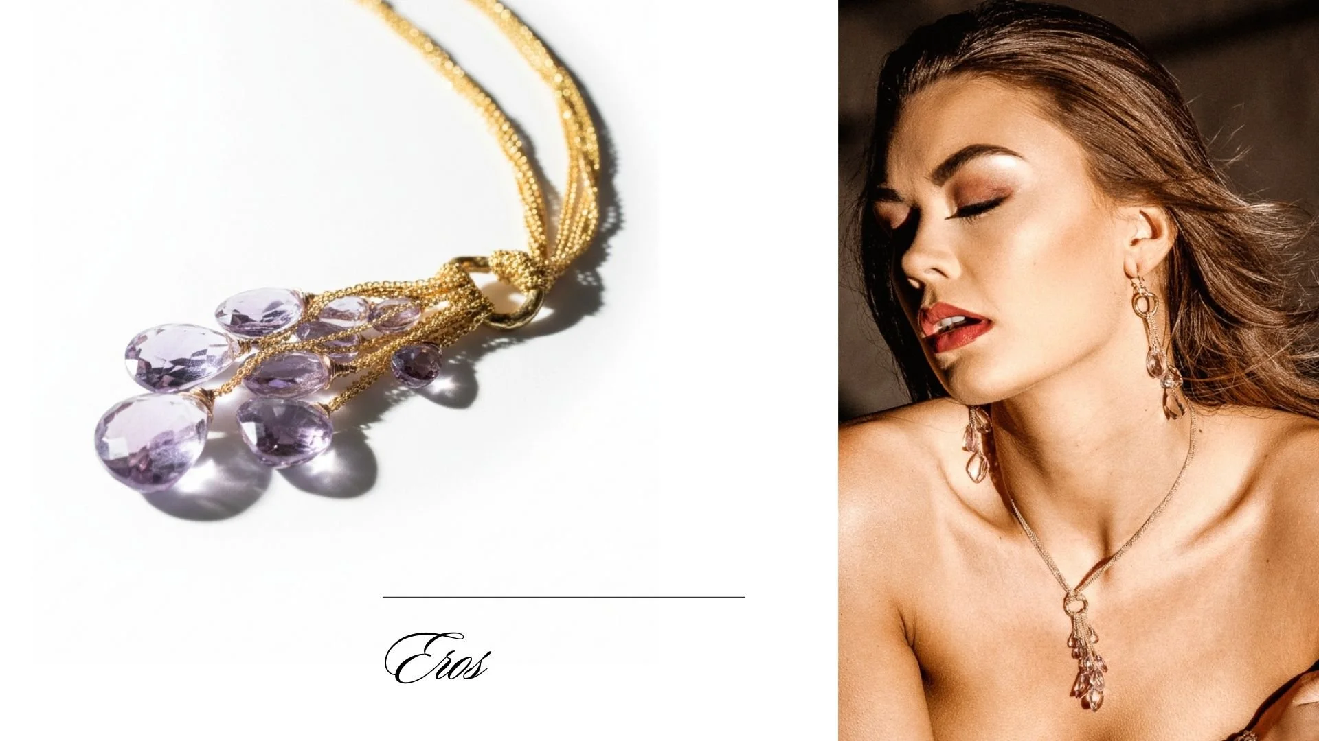 Eros lookbook spread showing a close-up of a multi-drop amethyst pendant necklace on a white background, alongside a portrait of a model wearing the matching amethyst drop necklace and coordinating earrings.