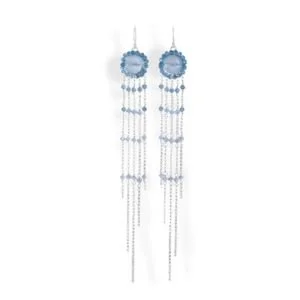 Elongated earrings: long fine chains strung with pale blue gemstone beads, by Andrea Li