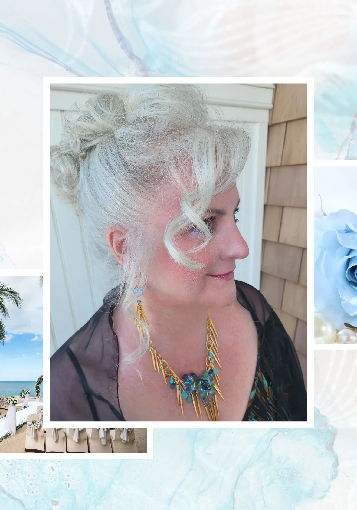 Portrait of a woman with an elegant updo wearing a bold gold necklace with blue gemstones, framed by soft wedding-inspired details.