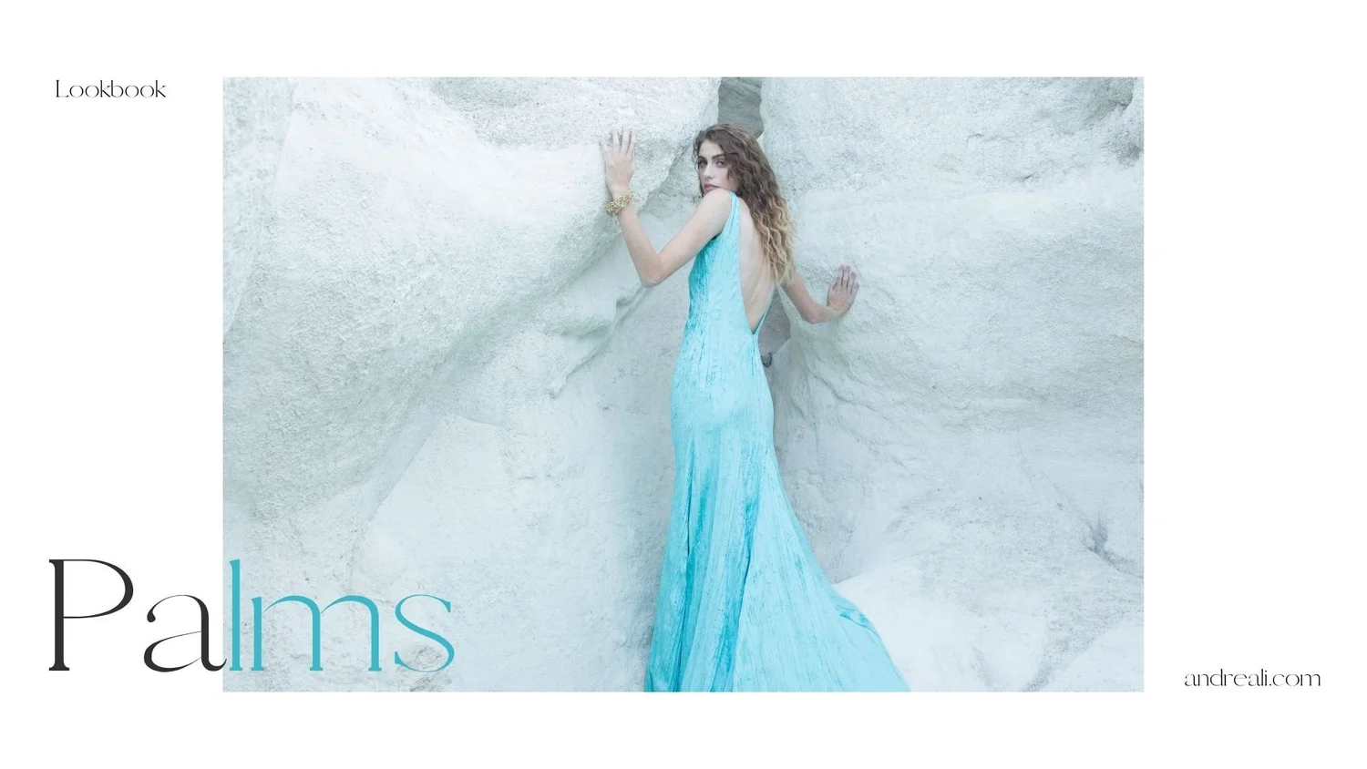 Palms lookbook cover: a model in a turquoise gown among white rock formations.