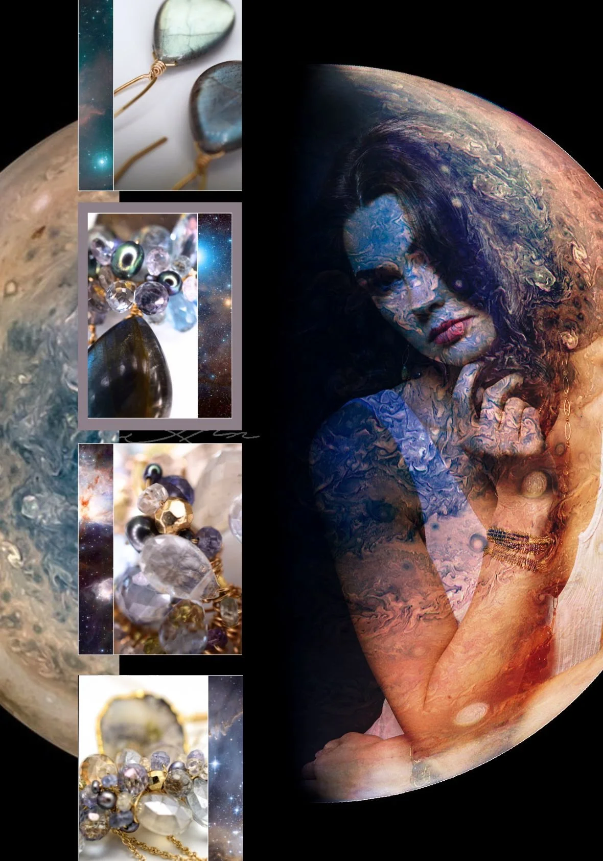 Surreal collage featuring a woman blended with a planet-like texture beside layered macro photos of gemstone jewelry details, creating a cosmic, editorial-inspired composition in deep blue, gold, and lavender tones.
