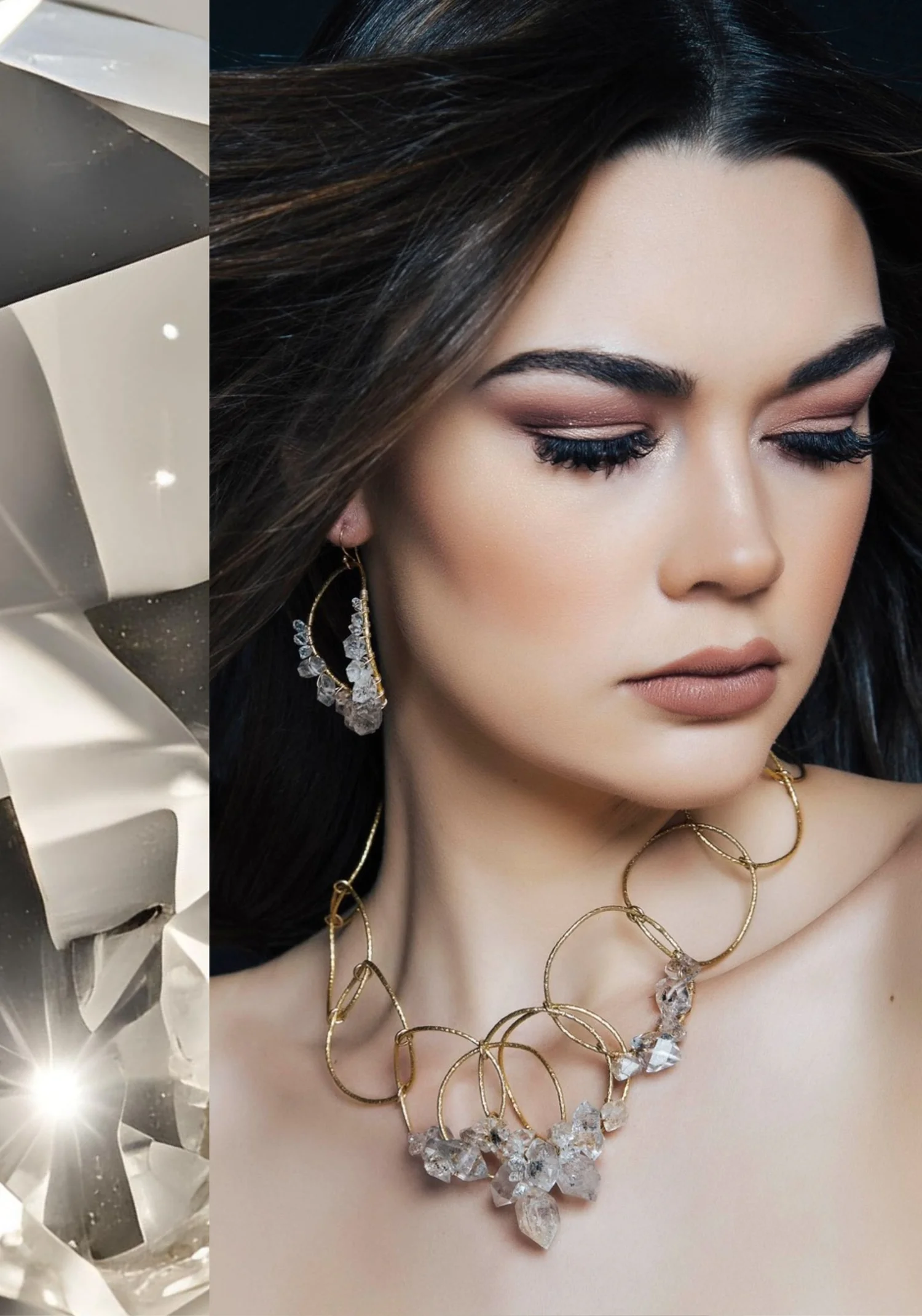 A model wearing gold hoop earrings and a necklace of linked gold rings, both clustered with clear Herkimer diamond crystals