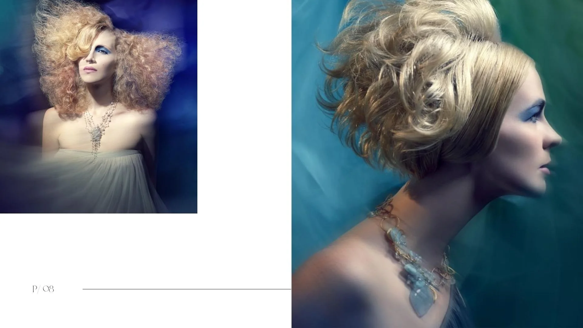 Editorial-style lookbook spread featuring two dreamy fashion portraits of a model with voluminous blonde hair and blue eye makeup, wearing delicate statement necklaces against soft blue-toned backgrounds.