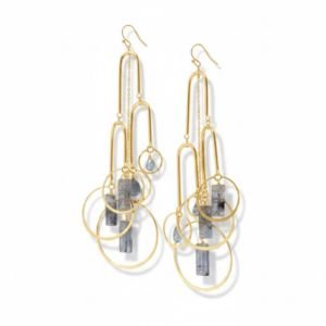 Chandelier earrings of gold links and rings with a dark blue gemstone, by Andrea Li
