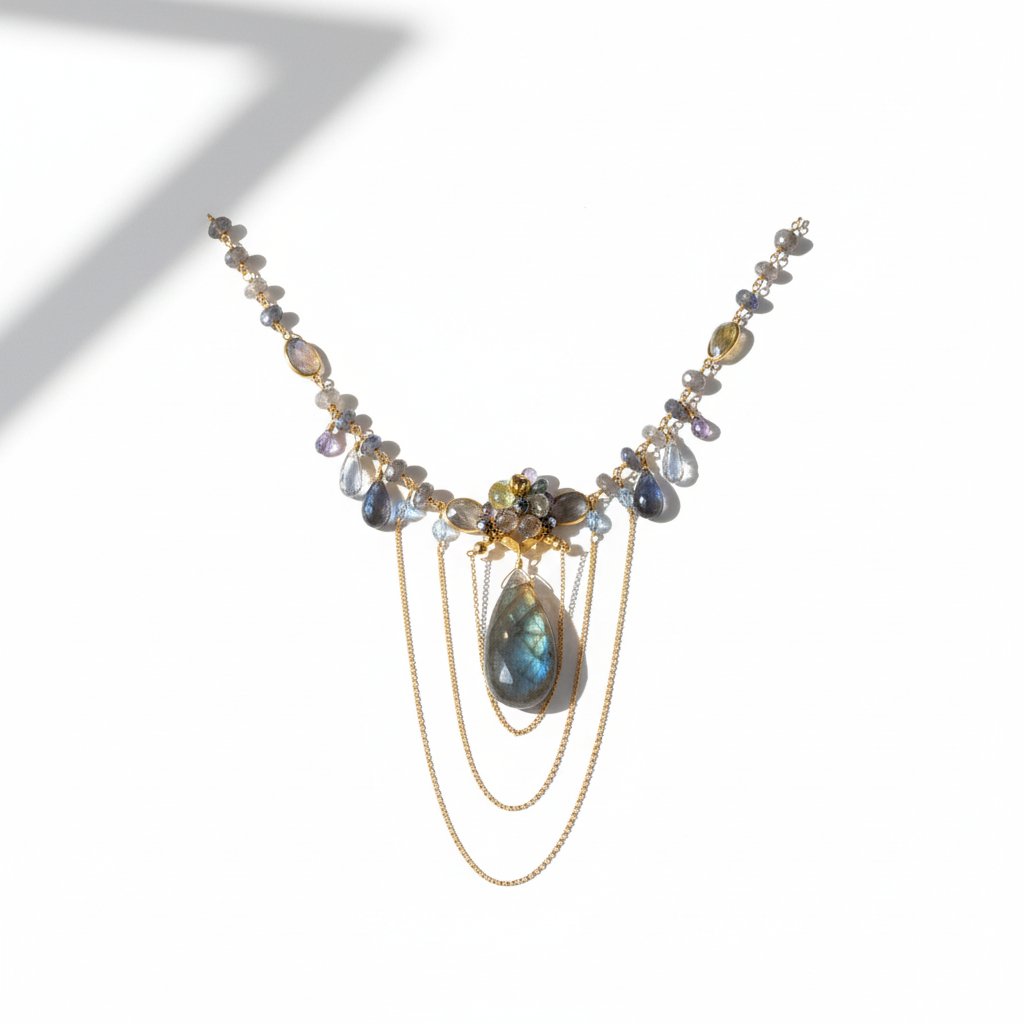 Statement necklace with mixed blue, gray, and pale violet gemstones, featuring a floral-inspired center, a large iridescent labradorite drop, and draped gold chains, photographed on a white background with soft shadows.
