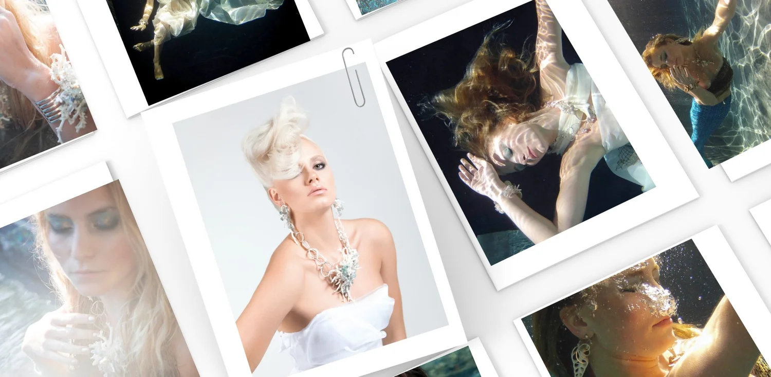 A scatter of Siren shoot prints: models in shell and coral jewelry by Andrea Li, underwater and in the studio