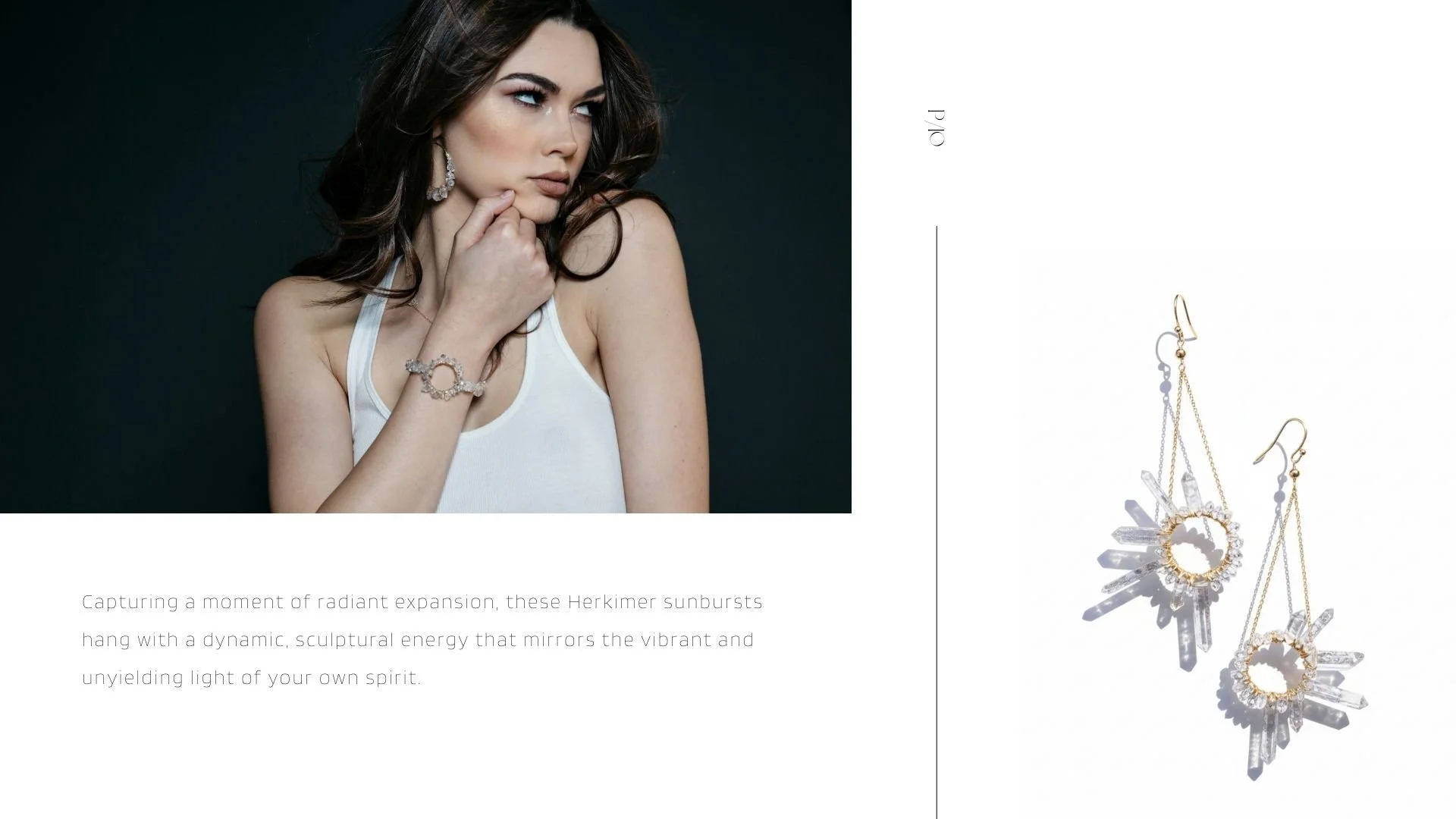 Lookbook page (P/10) showing a model in a white tank top wearing Herkimer diamond jewelry, alongside a product photo of Herkimer diamond sunburst drop earrings with crystal points on a white background.