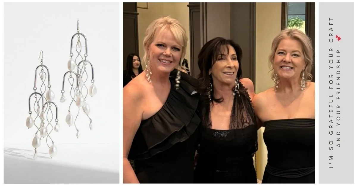 Collage of baroque pearl earrings, three women in black gowns at an event, and a vertical friendship message on a neutral background.