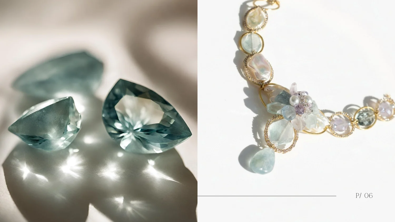 Raw aquamarine crystals and a pastel gemstone lariat by Andrea Li