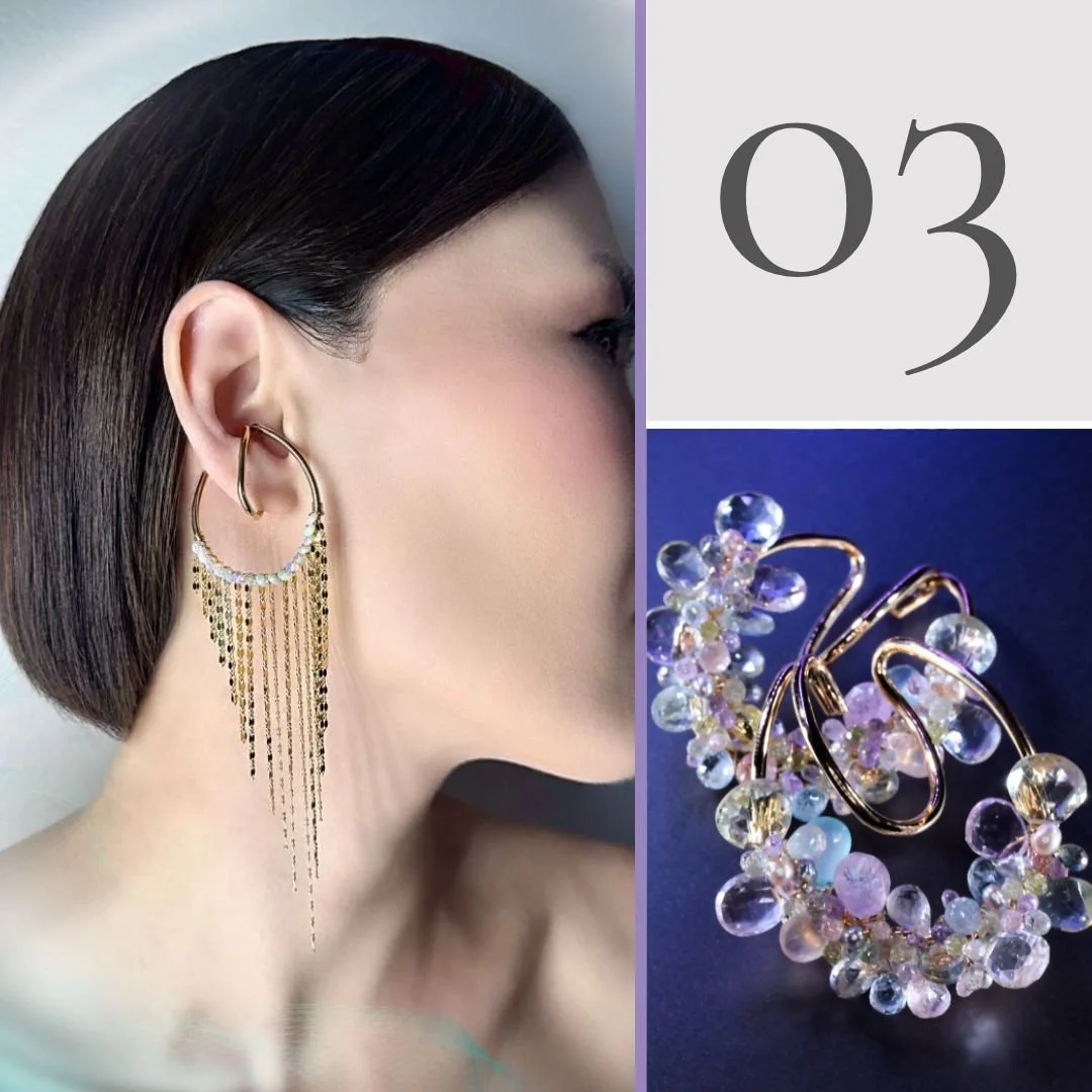 model wearing a pastel gemstone necklace and a product image of a bracelet