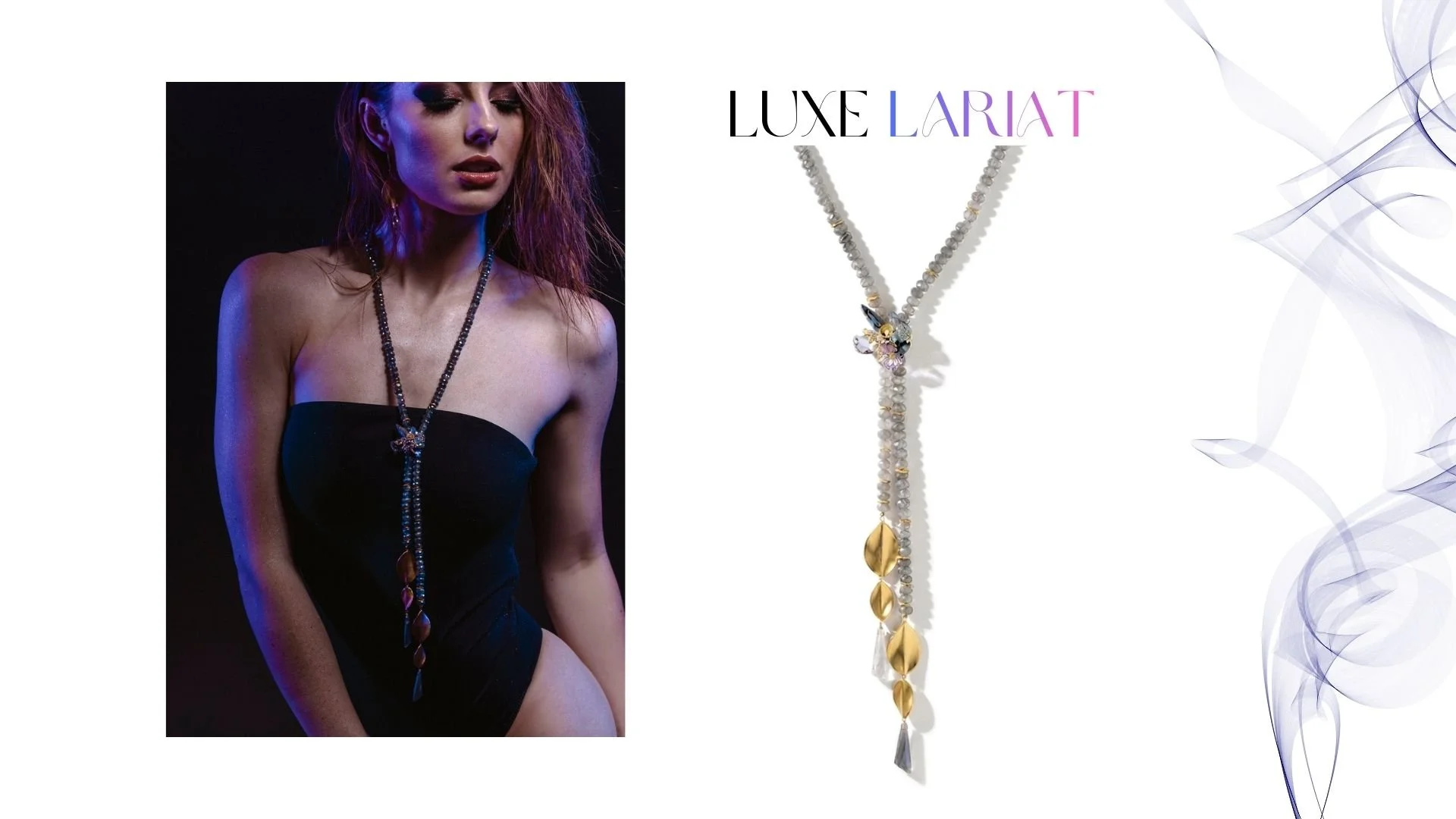 Lookbook spread titled “Luxe Lariat,” featuring a moody portrait of a woman wearing a long lariat-style gemstone necklace beside a product photo of the same necklace with pale gray beads, gold accents, and a tapered drop.