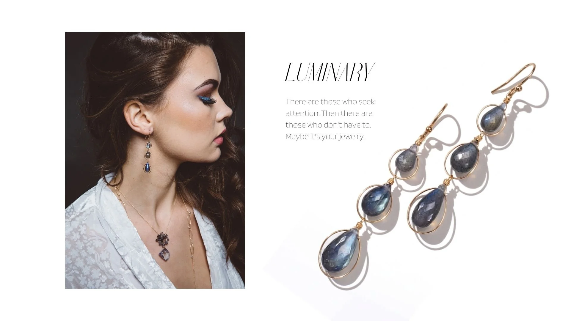 Jewelry editorial featuring a brunette model in profile wearing blue gemstone earrings, with matching gold drop earrings displayed beside her.