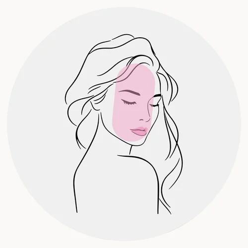 Line drawing of a woman with an oblong face highlighted in pink