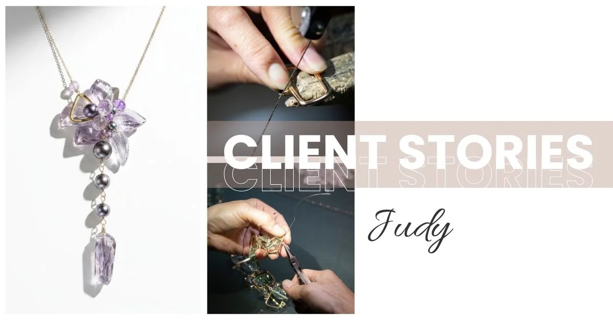 Collage featuring a purple gemstone necklace, jewelry-making close-ups, and “Client Stories Judy” text on a soft neutral background.