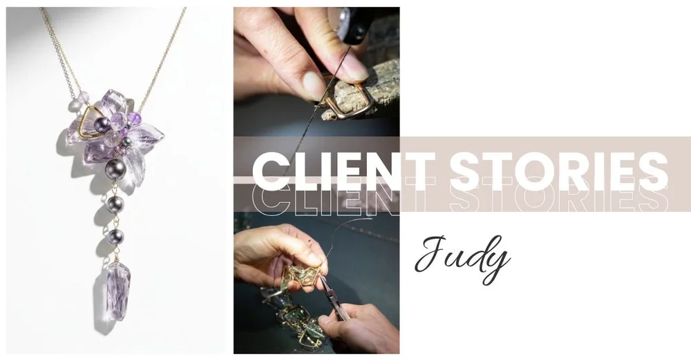Collage featuring a purple gemstone necklace, jewelry-making close-ups, and "Client Stories Judy" text on a soft neutral background.