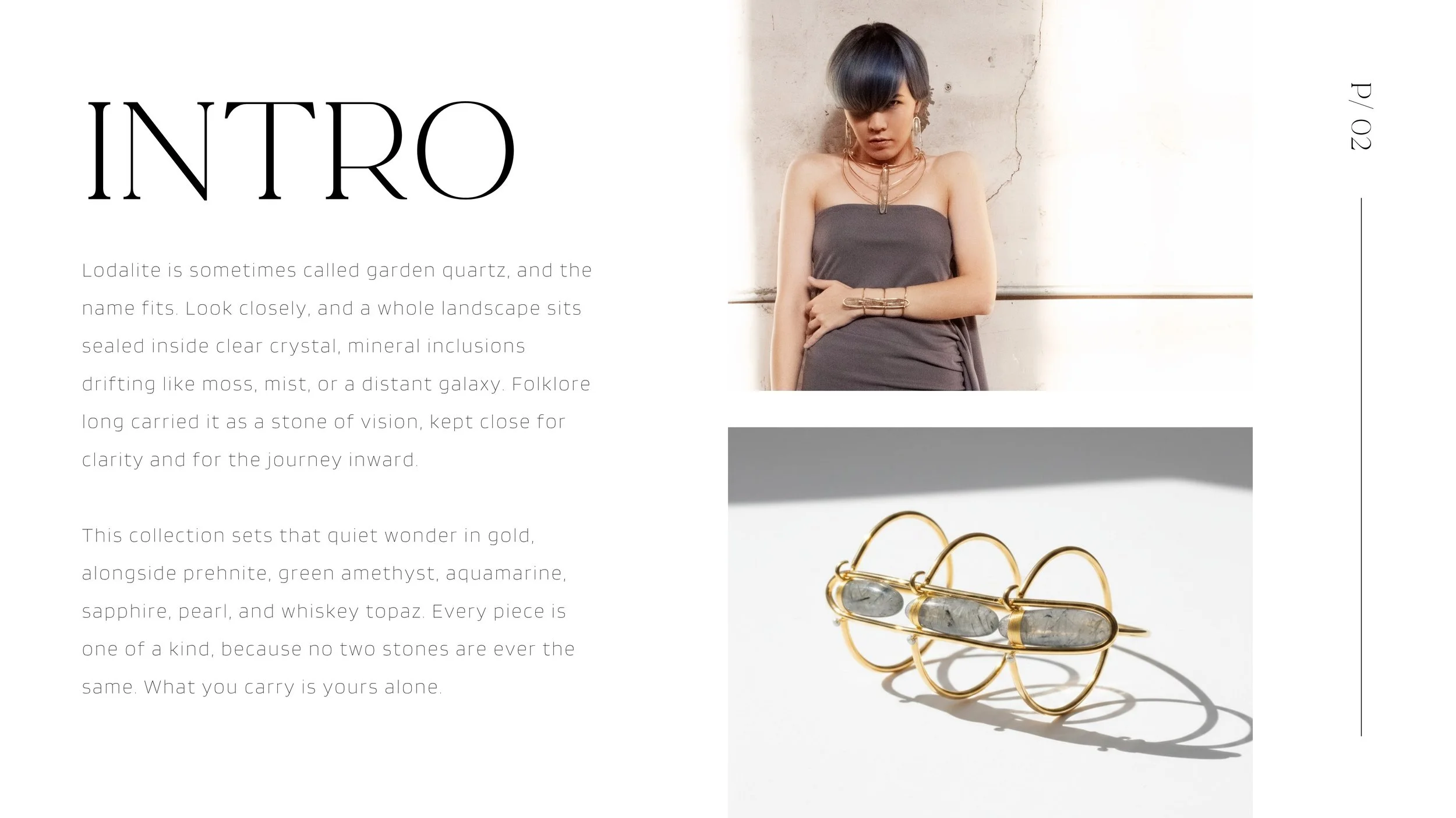 Editorial spread with intro text, a model in sculptural gold jewelry, and a matching gold cuff displayed on a minimalist layout.