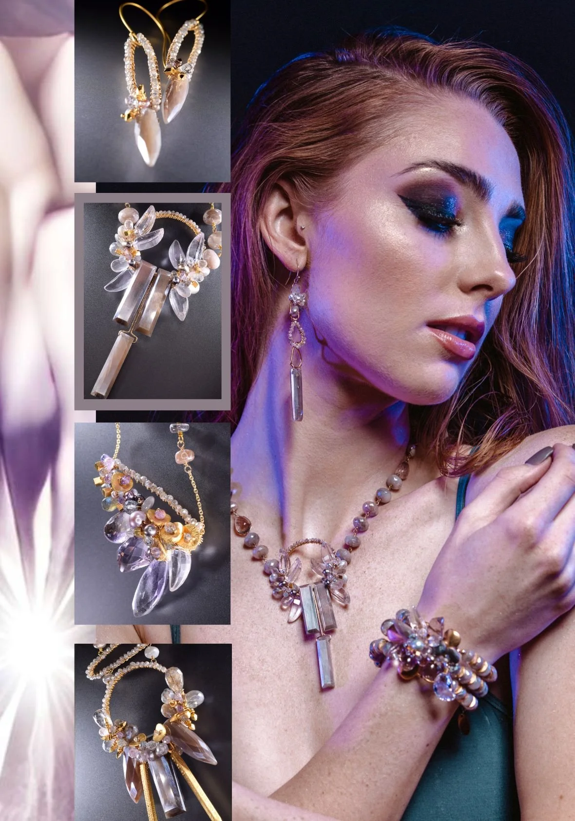 Model wearing pastel gemstone necklace and earring set