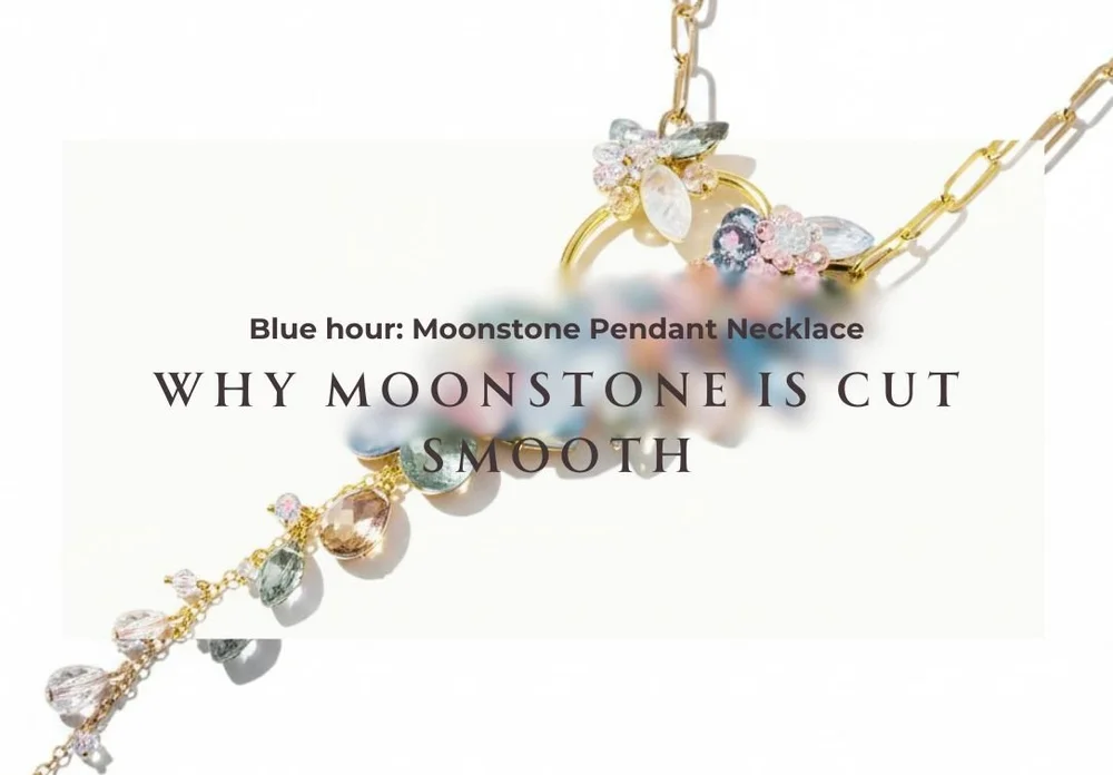 Blue Hour, a rainbow moonstone pendant necklace by Andrea Li, with the story title Why Moonstone Is Cut Smooth