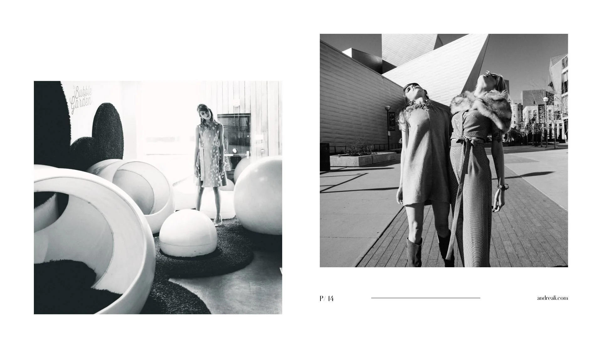 Mod lookbook spread with crystal statement jewelry, sparkling drop earrings, and a mirrored black-and-white model portrait.